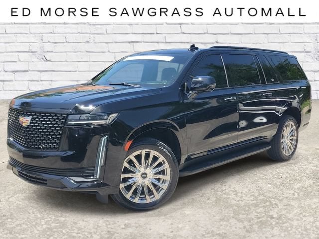 2021 Cadillac Escalade ESV Premium Luxury in Black Raven — front three-quarter view